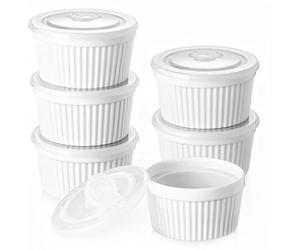 DOWAN Ramequins avec Couvercles Lot, 6 X 235 ml Ramequins et Moules à Soufflés en Porcelaine, Ramequin Creme Brulee pour Muffin & Gâteau, Ramequin Four à Pâtisserie, Glace, Sauce, Fruit, Ø10cm-Blanc