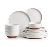 DOWAN Service Vaisselle 4 Personnes, Service de Table 12 Pièces, Service de Table Porcelaine, Service Assiette Rustique, Set Assiettes Blanc & Marron, Ensemble Vaisselle pour Muesli, Pâtes, Dessert