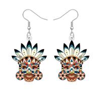 DOWAY Boucles d'oreilles en acrylique Funky Tiki Masque Boucles d'oreilles Rétro Chefs tribaux Polynésiens Motif ethnique Bijoux étrange Île tropicale Cadeaux thématiques pour femme fille maman, M
