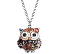 DOWAY Cadeau Hibou En Émail Collier Fleur Hibou Pour Femme Fille Amoureuses Des Hiboux (Marron)