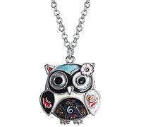 DOWAY Cadeau Hibou En Émail Collier Fleur Hibou Pour Femme Fille Amoureuses Des Hiboux (Noir)