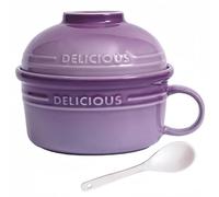 Dowbom Bol à nouilles instantanées en céramique - Bol à soupe en porcelaine avec couvercle et poignée - Bol à ramen (violet, 538,6 g)