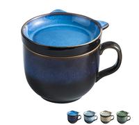 Dowbom Tasse à soupe avec couvercle, bol à soupe pour micro-ondes, 450 ml, tasse à soupe en céramique, bol à petit déjeuner, tasse à bouillon (bleu)