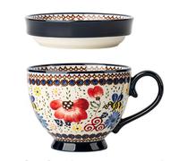 Dowbom Tasse à soupe avec couvercle, bol à soupe pour micro-ondes, 500 ml, tasse à soupe en céramique, bol à petit déjeuner, tasse à bouillon (Flower-G, 500 ml)