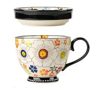 Dowbom Tasse à soupe avec couvercle, bol à soupe pour micro-ondes, 500 ml, tasse à soupe en céramique, bol à petit déjeuner, tasse à bouillon (fleur-C, 500 ml)