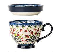Dowbom Tasse à soupe avec couvercle, bol à soupe pour micro-ondes, 500 ml, tasse à soupe en céramique, bol à petit déjeuner, tasse à bouillon (Flower-H, 500 ml)