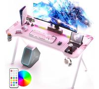 Dowinx Table de jeu avec LED, RVB avec surface en fibre de carbone, bureau de jeu LED avec télécommande, porte-gobelet et crochet pour casque, 120 cm, rose