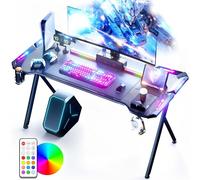 Dowinx Table de jeu avec LED, RVB avec surface en fibre de carbone, bureau de jeu LED avec télécommande, porte-gobelet et crochet pour casque, 120 cm, noir