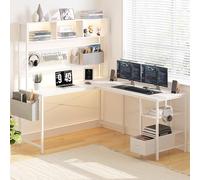 Dowinx Table de Jeu LED - Bureau d'angle en Forme de L avec Tableau perforé et Espace de Rangement - Réversible - avec Prises et USB - Bureau d'angle pour Jeu à Domicile - Blanc - 120 x 148 cm
