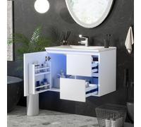 dowowdo Armoire de salle de bain, 70 cm, à suspendre, avec éclairage à capteur LED et lavabo, 2 tiroirs, bac en céramique intégré, blanc