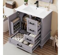 dowowdo Armoire de salle de bain, sous lavabo, avec lavabo, 3 tiroirs et bac en céramique, 76 x 46 x 83,5 cm, blanc/gris, meuble de salle de bain moderne