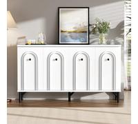 dowowdo Buffet Commode blanche à 4 portes à fermeture amortie, meuble TV, façade arquée 3D et étagères réglables en hauteur 140 x 78 cm, pour salon et couloir