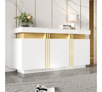 dowowdo Commode blanche avec tiroirs | Meuble TV et couloir à 3 portes | Accents dorés 140 cm de large, meuble de salon moderne