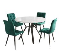 dowowdo Ensemble de salle à manger ronde avec 4 chaises, table de cuisine ronde avec plateau en marbre blanc et pied en X noir, 4 chaises en velours vert pour petite salle à manger et cuisine