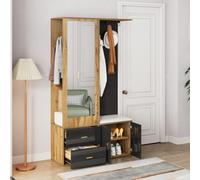 dowowdo Garde-robe de couloir avec miroir et banc à chaussures, combinaison en bois noir, avec tringle à vêtements extensible, tiroirs et crochets, 100 x 180 x 38 cm
