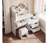 dowowdo Grande coiffeuse avec éclairage LED 3 couleurs à intensité variable et miroir | Ensemble avec tabouret, 5 tiroirs, blanc, 90 cm de large, table vanity