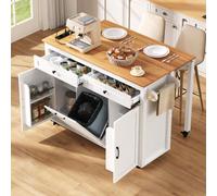 dowowdo Îlot de cuisine mobile avec plateau extensible et multiprise, îlot de travail à roulettes blanc avec compartiment à déchets, chargement USB-C, 120 x 40 - 75 x 92 cm