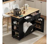 dowowdo Îlot de cuisine noir avec plan de travail extensible (120 x 70 cm), multiprise et compartiment à déchets, chariot de cuisine mobile, 5 roulettes, grand espace de rangement, idéal pour la