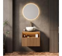 dowowdo Lavabo flottant de salle de bain de 60 cm avec bol en céramique motif pierre, capteur LED, tiroir à fermeture douce, armoire en contreplaqué pré-montée grain de bois expresso