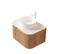 dowowdo Lavabo suspendu de 61 cm - Avec construction pré-montée, bac en céramique blanche, plaque en pierre frittée Carrara et façade incurvée rayée en grain de bois naturel avec tiroir