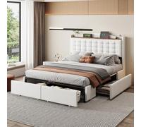 dowowdo Lit capitonné 140 x 200 cm avec table de chevet et USB, double lit plat avec 4 tiroirs : cadre de lit avec étagère intégrée, espace de rangement et housse en lin beige