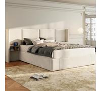 dowowdo Lit capitonné 160 x 200 cm, lit de rangement hydraulique, avec station de charge et 2 tables de chevet, lit double, avec prises + USB, avec sommier à lattes en bois, housse en velours, beige