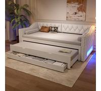 dowowdo Lit de jour/canapé-lit rembourré, avec lit gigogne, éclairage LED et espace de rangement à 3 tiroirs, beige, 90 x 200 cm