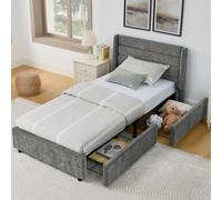 dowowdo Lit simple 90 x 200 cm, avec 2 tiroirs, rembourré, en chenille, pour enfant, adolescent, bois d'eucalyptus, structure en métal, gris foncé, sans matelas