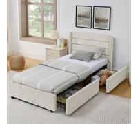 dowowdo Lit simple avec espace de rangement, 90 x 200 cm, avec 2 tiroirs, rembourré, en chenille, pour enfant, adolescent, bois d'eucalyptus, structure en métal, beige, sans matelas