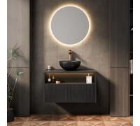 dowowdo Meuble de salle de bain avec meuble bas flottant 80 cm - En céramique avec capteur LED - Système de fermeture douce pré-monté - Aspect bois - Expresso - Pour salle de bain moderne et WC