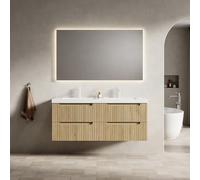 dowowdo Meuble sous-vasque double de 120 cm, support mural avec bac en pierre artificielle intégrée, 4 tiroirs à fermeture amortie, pré-monté, chêne blanc