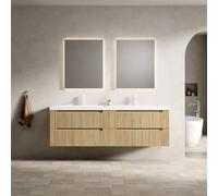 dowowdo Meuble sous-vasque double de 160 cm, support mural avec bac en pierre artificielle intégrée, 4 tiroirs à fermeture amortie, pré-monté, chêne blanc