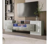 dowowdo Meuble TV bas 200 cm en gris et blanc moderne avec éclairage LED et façade en verre, meuble de salon brillant avec gestion des câbles électriques