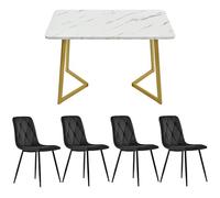 dowowdo Table à manger avec 4 chaises - Table de cuisine moderne - 117 x 68 cm - Aspect marbre et pieds dorés - Ensemble complet avec 4 chaises en velours noir - Pour salle à manger et cuisine