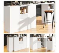 dowowdo Table de bar pivotante à 360 °, îlot de cuisine avec plateau en marbre blanc, bar moderne avec espace de rangement ouvert, buffet en forme de L pour salon, cuisine, 210 x 30 x 100,9 cm