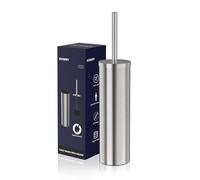 DOWRY Brosse de cuvette de toilette autoportante en acier inoxydable et support avec longue poignée pour rangement de salle de bain, nettoyage en profondeur robuste, nickel rond