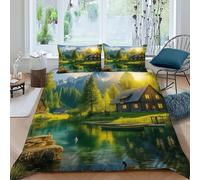 DOXLITVT Cabane Lac Housse De Couette 3 Pièces Aesthetic Pastoral Landscape Imprimé De Couvre-Lit Microfibre pour Adulte Et Enfant avec 2 Taie d'oreiller King（220x240cm）