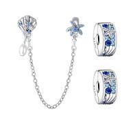 Doyafer 925 Argent Sterling éTé OcéAn Clips Charmes ChaîNe De SéCurité Ensemble Shell éToile De Mer Clip Perle ChaîNe Charmes Pour Bracelets Femmes Perles Amis Cadeau De Famille