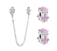 Doyafer 925 Sterling Silver Clips Charms ChaîNe De SéCurité Set Pink Flower Clip Charms ChaîNe De Perles Pour Bracelets Femmes Perles Amis Cadeau De Famille