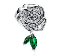 Doyafer Diamond Studded Rose Green Leaf Pendentif 925 Charme D'Argent Sterling Compatible Avec Pendentif De Collier De Bracelet De Femme Pour Cadeau De MèRe