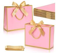 DOYIDE Lot de 12 sacs cadeaux de taille moyenne avec ruban, 22,9 x 17,8 x 7,9 cm, sacs cadeaux portables en papier avec poignées, sacs de remerciement roses pour mariage, fête d'anniversaire, fête des