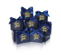 DOYIDE Lot de 30 petits sacs cadeaux de remerciement, 11,4 x 4,6 x 9,9 cm avec nœud ruban, mini sacs cadeaux en papier avec impression feuille d'or, boîtes à friandises bleues pour anniversaire