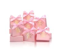 DOYIDE Lot de 30 petits sacs cadeaux de remerciement, 11,4 x 4,6 x 9,9 cm avec nœud ruban, mini sacs cadeaux en papier avec impression feuille d'or, boîtes à friandises roses pour anniversaire