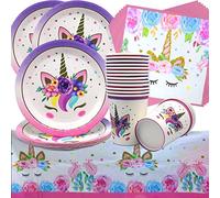 Doyomtoy 16 Guests thème licorne vaisselle de fête d'anniversaire, 49 pièces Cartoon Unicorn Birthday Party Supplies Tasses, Serviettes, Nappe, pour Unicorn Kids Birthday Party Deco Baby Shower