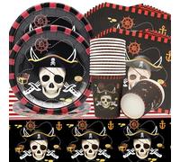 Doyomtoy 53 Pièces Vaisselle de Fête Pirate - Assiettes, Gobelets, Serviettes, Nappe - Thème Pirate pour Enfants - Anniversaire - Rouge, Blanc, Noir