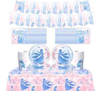Doyomtoy 62PCS Ensemble de vaisselle pour fête d'anniversaire Frozen pour enfants, thème Elsa et Anna, bannière, assiettes, gobelets, serviettes, nappe, ensemble pour 20 personnes