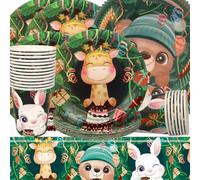 Doyomtoy - Décoration d'anniversaire - Motif animaux de la forêt - Jungle - Safari - Cerf - Lapin - Ours - Assiettes, tasses, serviettes, safari - Décoration d'anniversaire pour enfants - Pour 20