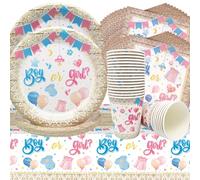 Doyomtoy Gender Reveal Vaisselle 61pcs Baby Shower Bébé Boy or Girl Kit Fournitures Fête Assiettes Carton Gobelet Serviettes Nappes Fête de Révélation de Genre 20 invités