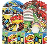 Doyomtoy Héros Fêtes Vaisselle,61pièces Hero City Super-héros Vaisselle,Assiettes,Serviettes,Tasses,Nappe Pour Décoration d'anniversaire d'enfant Héros Vaisselle Thème Anniversaire