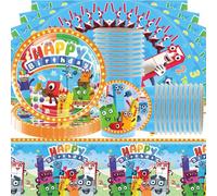 Doyomtoy Number Building Blocks Service de table de fête pour 20 invités - Caricature - Bloc de construction chiffré - Vaisselle de fête d'anniversaire - Nappes, assiettes, tasses, serviettes pour